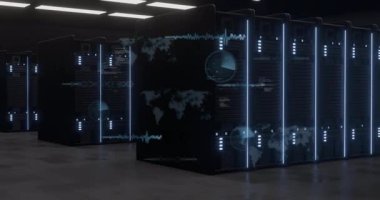 Belirsiz aydınlatılmış veri merkezindeki sunucular üzerinden veri işleme animasyonu. Teknoloji, ağ oluşturma, dijital, altyapı, güvenlik, bulut hesaplama