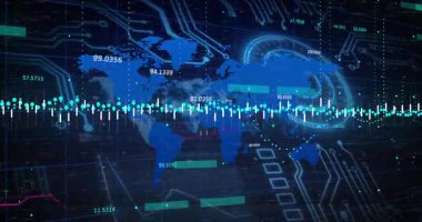 Küresel finansal verileri grafikler ve dijital dünya haritası animasyonu ile görselleştirmek. Finans, analitik, teknoloji, görselleştirme, etkileşimli, bilgi