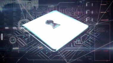 Fütürist asma kilit ve devre kartı arka plan tasarımlı dijital güvenlik kavramı. Siber güvenlik, şifreleme, teknoloji, koruma, veri, ağ