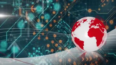 Parlak bağlantıları olan dijital devre kartı ve kırmızı kıtalar dünya animasyonu. Teknoloji, elektronik, yenilik, ağ, bağlantı, veri