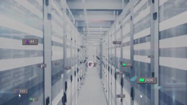Modern veri merkezindeki sunucu raflarında veri işleme animasyonu. Teknoloji, veritabanı, bilgi, ağ, hesaplama, dijital