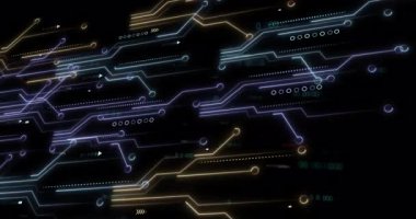 Parlayan devre hatlarının animasyonu ve teknoloji konsepti için dijital şablonlar yaratmak. Fütüristik, yenilikçi, soyut, devreler, modern