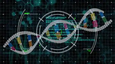 İkili kodlama ile DNA ipliği, bilimsel verileri animasyon tarzında işliyor. Genetik, biyoteknoloji, veri analizi, sibernetik, yenilik, araştırma