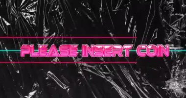 Lütfen parlak siyah desenli arka planda parlayan bozuk para animasyonunu girin. Retro, arcade, oyun, dijital, aydınlatma, klasik