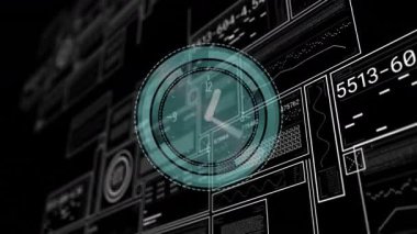 Dijital veri üzerinden saat animasyonu ve siyah arkaplan üzerindeki grafikler. Teknoloji, fütüristik, finans, analitik, izleme, yenilik