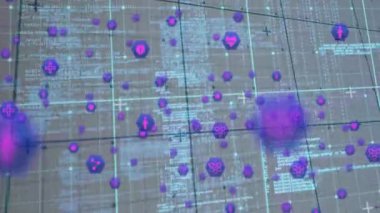 Dijital veri ızgarasında yüzen mor parçacıkların ve kodlama sembollerinin animasyonu. Teknoloji, fütürist, matris, ağ, siber uzay