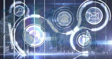 Dijital dünya haritasında parlayan dairelerin ve e-posta ikonunun animasyonu. Teknoloji, iletişim, bağlantı, yenilik, ağ, siber güvenlik