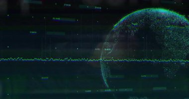 Küresel analitikler için veri noktaları ve grafikleri olan dijital küreyi gösteren animasyon. Küreselleşme, teknoloji, veri görselleştirme, ağ, haritalama, grafik