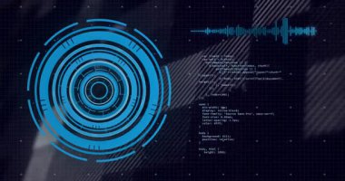 Dairesel kalıplarla ve ızgaradaki kodlamalarla birlikte gelecekteki dijital arayüzün animasyonu. Teknoloji