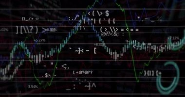 Okuldaki borsa grafiğini kaplayan finansal verilerin ve sembollerin animasyonu. Finans, yatırım, borsa, ekonomi, analiz, büyüme