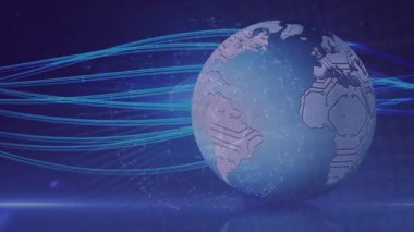 Mavi animasyon arka planında ağ bağlantıları ve veri çizgileri olan dijital bir dünya. Teknoloji, ağ oluşturma, iletişim, küresel, internet, fütürist