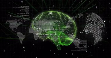 Dünya haritası üzerinde veri ve ağ bağlantıları olan yeşil dijital beyin. Teknoloji, yapay zeka, fütüristik, yenilik, küresel