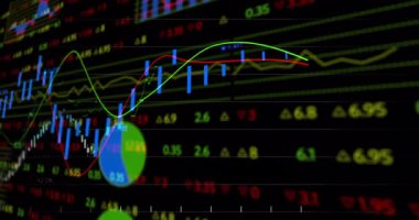Finansal verilerin gösterilmesi, renkli grafikler ve rakamlar borsa eğilimlerini gösteriyor. Finans, analitik, yatırım, veri görselleştirme, ekonomi, iş