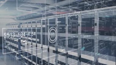 Sunucu odası ortamında dijital veri ve ağ bağlantıları. Teknoloji, iletişim, siber güvenlik, altyapı