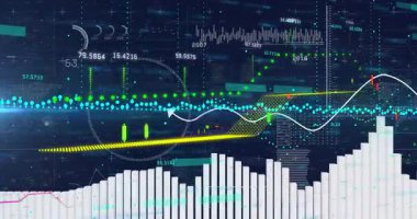 Parlak ağ bağlantıları olan dijital finansal veriler ve grafikler animasyon. Finans, teknoloji, veri görselleştirme, fütüristik, yenilik, analitik