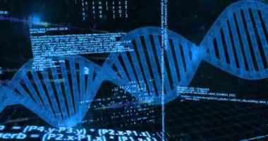 İkili kodlama ile DNA ipliği, bilimsel verileri animasyon tarzında işliyor. Biyoteknoloji, genetik, veri analizi, biyoenformatik, moleküler, genetik mühendislik