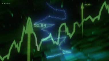 Dinamik arkaplan üzerinde yeşil finansal grafikler ve veri işleme animasyonu. Yatırım, finans, analiz, dijital, teknoloji, ekonomi