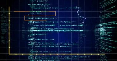 Grafiklerle veri işleme animasyonu ve mavi şebeke üzerinde kod. Teknoloji, analitik, programlama, dijital, görselleştirme, yenilik