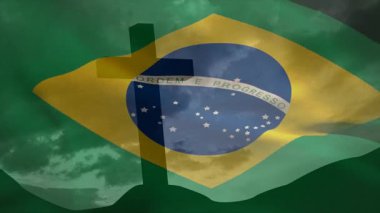 Brezilya bayrağı çapraz siluet ile dalgalanıyor, arka planda bulutlu gökyüzünün animasyonu. Sembol, vatanseverlik, ulusal, maneviyat, esinti, inanç