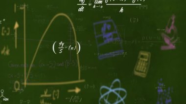 Okuldaki yeşil karatahtaya matematiksel denklemler ve geometrik şekiller çizmek. Eğitim, matematik, geometri, öğrenme, sınıf, öğretim