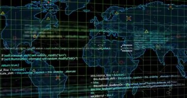 Küresel veri ağını gösteren dijital kodlu dünya haritasının animasyonu. Teknoloji, ağ, siber, iletişim, internet, bağlantı