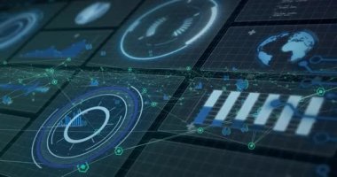 Animasyon, veri tabloları ve grafiklerle dijital arayüz, fütüristik tasarım. Teknoloji, yenilik, analitik, veri görselleştirme, siber, bilgi