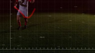 Sahada futbol topunu tekmelemek, finansal grafiğin animasyonu eyleme geçti. finans, analiz, spor, yatırım, performans, strateji