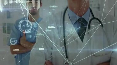 Dijital ağ bağlantıları ve veri örtüşen animasyonlara sahip hastanedeki doktorlar. Sağlık, teknoloji, yenilik, takım çalışması, fütüristik, tıp