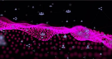 Siyah arka planda yüzen sosyal medya simgeleriyle pembe dijital dalga animasyonu. Teknoloji, çevrimiçi, bağlantı, iletişim, fütürist