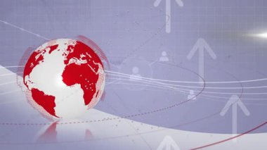 Kırmızı kürede dijital ağ sembolleri ve yukarı doğru oklar. Canlandırma arka planında. Teknoloji, bağlantı, küreselleşme, yenilik, veri, ilerleme