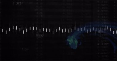 Mavi ve yeşil şekillerde dönen sayısal ve dijital verilerin animasyonu. Teknoloji, soyut, arkaplan, fütüristik, hareket, ağ