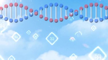 Mavi gökyüzünde yüzen DNA iplikçikleri ve 5G sembollerinin animasyonu. Genetik, biyoteknoloji, yenilik, bağlantı, teknoloji, iletişim
