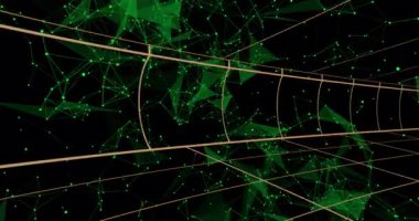 Yeşil geometrik şekillerin canlandırılması ve siyah arkaplan üzerinde ağ oluşturan çizgiler. Soyut, dijital, teknoloji, geleceksel, bağlantı, model
