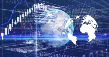 Finansal grafikler ve dijital konseptte dünyayı çevreleyen veri işleme animasyonları. Teknoloji, finans, küresel, analitik, yenilik, fütüristik