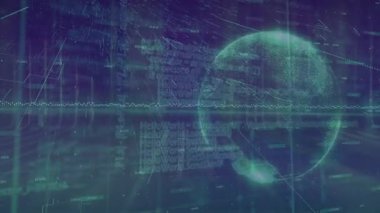 Soyut teknolojik arka plan üzerinden dijital küre ve veri işleme animasyonu. Siber, teknoloji, fütürist, ağ