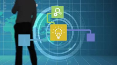 İş adamının veri işleme siluetini kaplayan dijital ağ animasyonu. Teknoloji, bağlantı, yenilik, ağ, fütüristik, iletişim