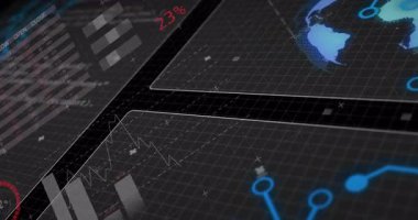 Ekranda kırmızı pasta grafikleri ve haritası olan dijital panelin animasyonu. teknoloji, veri, analitik, arayüz, bilgi grafikleri, istatistik