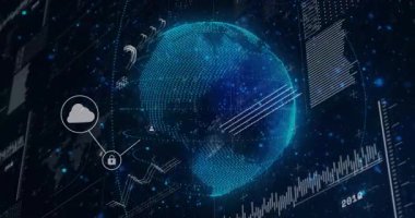 Teknoloji simgeleriyle dijital ağ ve veri işleme animasyonu. küresel, bağlantılar, iletişim, geleceksel