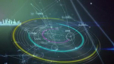 Fütüristik dairesel grafiklerin animasyonu ve dijital arayüzde veri görselleştirmesi. Teknoloji, analitik, yenilik, gösterge paneli, sanal