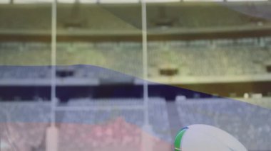 Stadyumda, ragbi topları oyuna hazır, animasyon sahnesi. Spor, rekabet, maç, atletizm, saha, çim