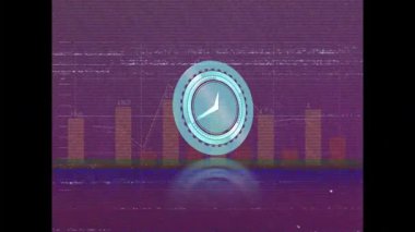 Finansal grafikler ve dokulu mor arka plan verileri üzerinden saat animasyonu. Finans, yatırım, analiz, soyut, veri görselleştirme, iş