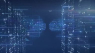 Dijital veri akışlarının mavi ışıkta parladığı gelecekçi şehir manzarasının animasyonu. teknoloji, siber, metropol, yenilik, ufuk çizgisi