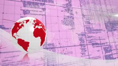 Dijital dünya haritası üzerinde kodlama elementleriyle kırmızı ve beyaz kürenin animasyonu. technology, global, network, futuristic, data, programlama