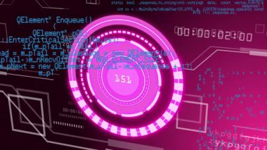 Dijital arayüzde mavi programlama koduyla dönen pembe dairenin animasyonu. teknoloji, soyut, fütüristik, tasarım, bilgisayar, sanal