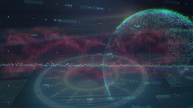 Soyut ağ animasyonu üzerinde veri noktaları ve grafikleri olan dijital bir küre. Teknoloji, bağlantı, fütüristik, analitik, bilgi, sanal