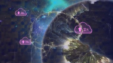 Ağ içindeki gelecekteki küresel verilerle birlikte dijital bulut simgelerinin animasyonu. Teknoloji, bağlantı, bulut hesaplama, internet, yenilik, sanal