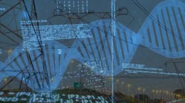 Karanlık çöktüğünde güç hatları üzerinde DNA ipliği ve ikili kodlama animasyonu. Yenilik, teknoloji, dijital, biyoteknoloji, fütüristik, genler