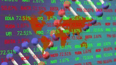 Değişen finansal grafiklerin ve rakamların animasyonu ve arka planda küresel harita. Maliye, ekonomi, yatırım, analitik, küresel pazar, ticaret