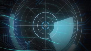 Dijital ızgarada animasyon taranıyor, gelecekteki radar ekranı hareket halinde. Teknoloji, arayüz, holografik, izleme, veri