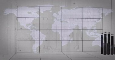 Dünya haritasındaki veri eğilimlerini gösteren çubuk grafik ve çizgi grafiğinin animasyonu. İstatistikler, veri görselleştirme, analitik, küresel, bilgi ve finans